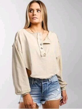 We The Free Sweatshirt Top Boho Casual Grunge Hi Lo Long Sleeve Medium Cream
